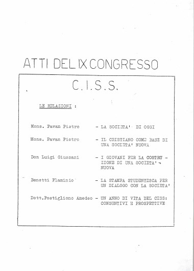 &quot;I giovani per la costruzione di una societ&#224; nuova.&quot; In Atti del IX congresso C.I.S.S.